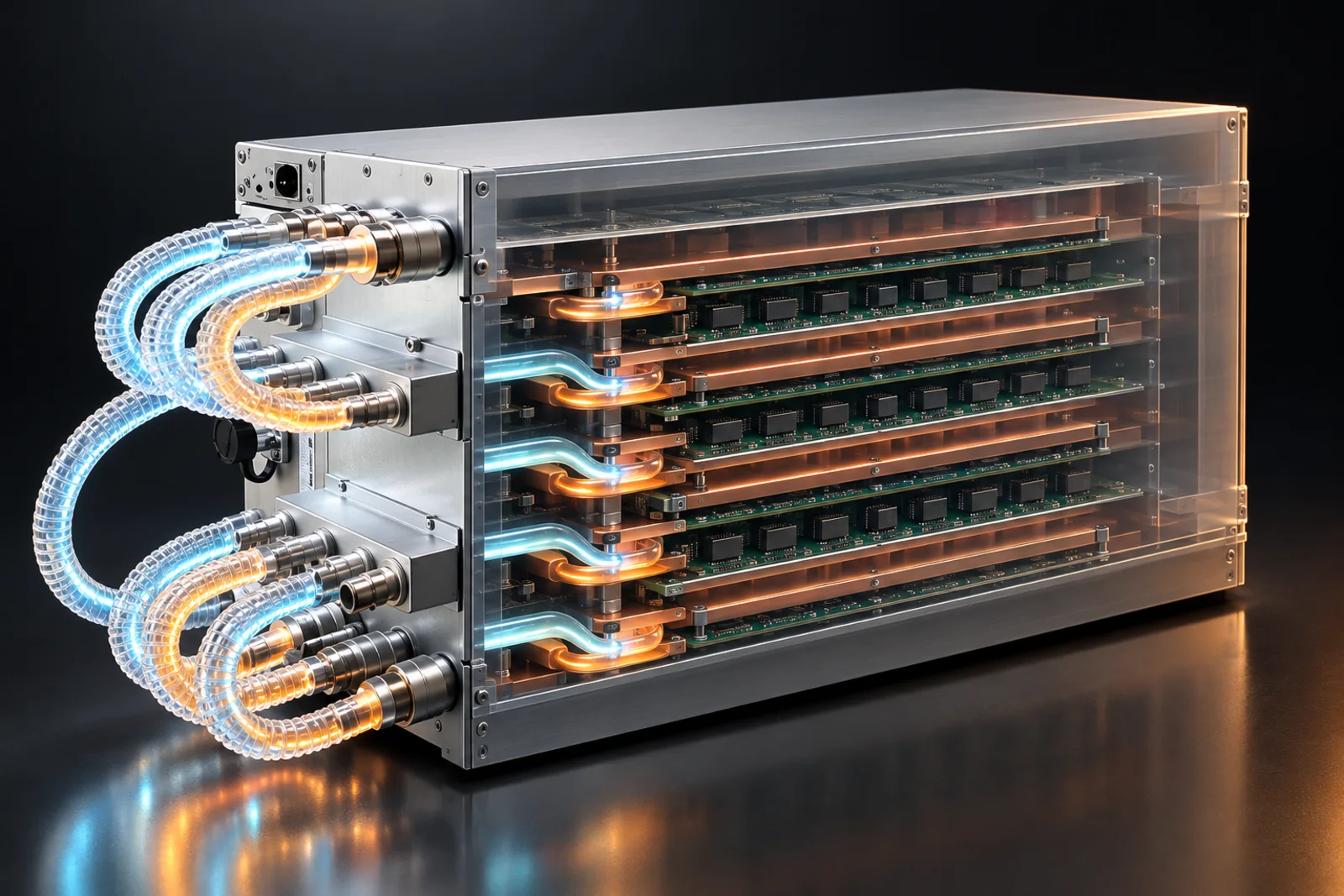 AI cutaway artwork of a hydro-cooled miner: a translucent aluminum shell reveals stacked hashboards on copper cold plates, with cool coolant flowing in and warm coolant flowing out